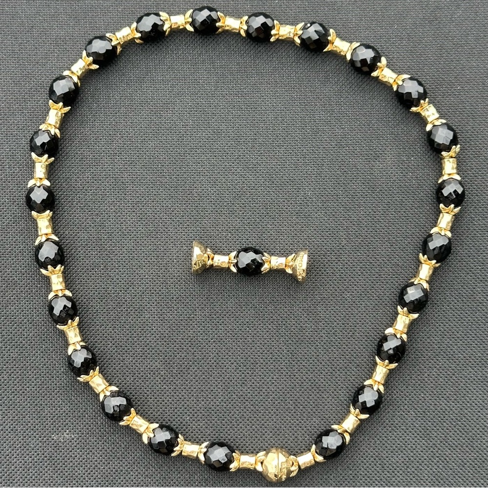 St JOHN Black Crystal Gold Plated Necklace Ornate Magnetic Clasp + Extension